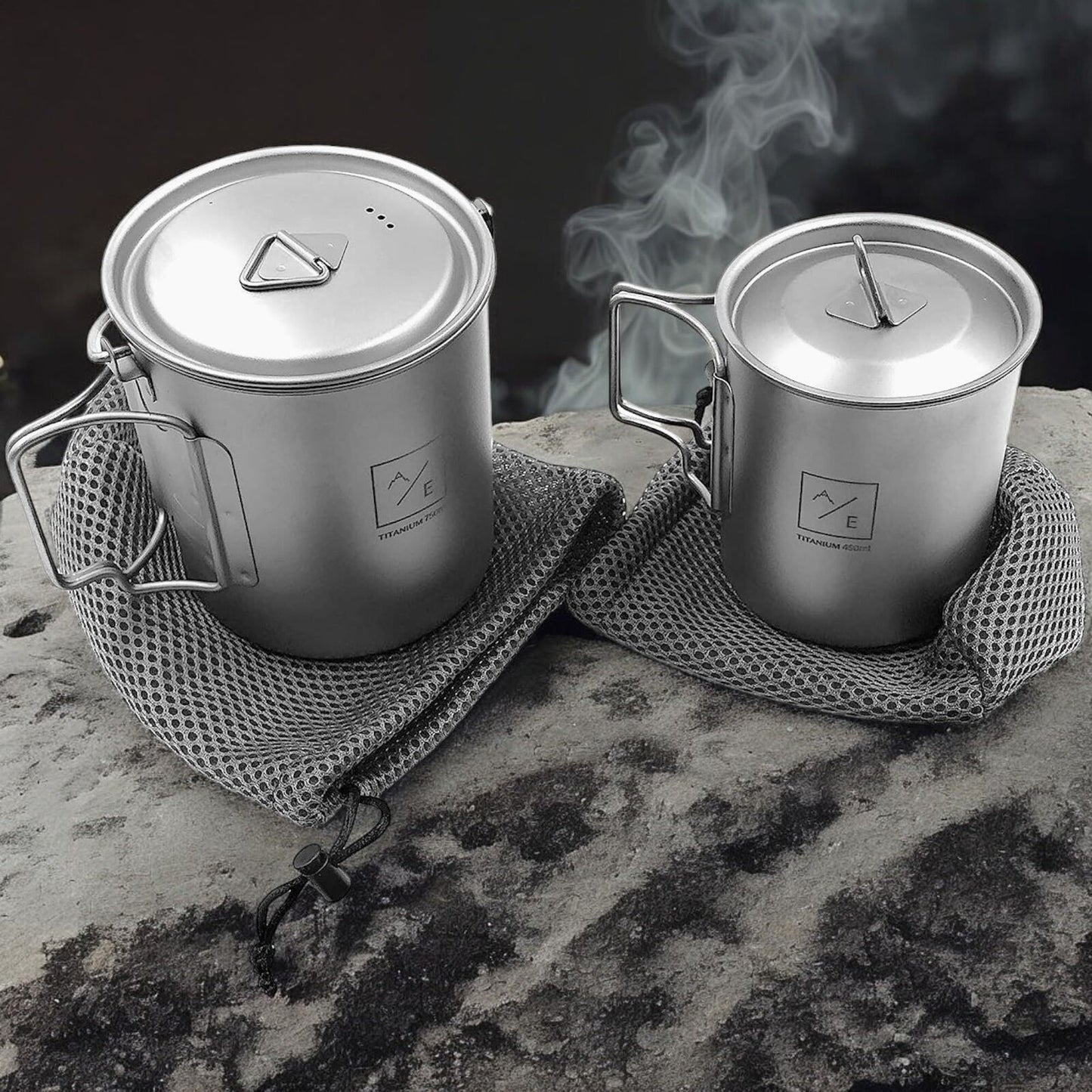(2PC Set) Titanium 450mL and 750ml Ultralight Compact Titanium Open Flame Compac
