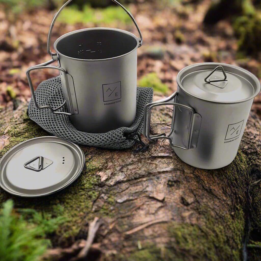 (2PC Set) Titanium 450mL and 750ml Ultralight Compact Titanium Open Flame Compac