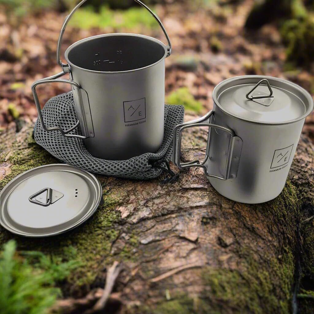 (2PC Set) Titanium 450mL and 750ml Ultralight Compact Titanium Open Flame Compac