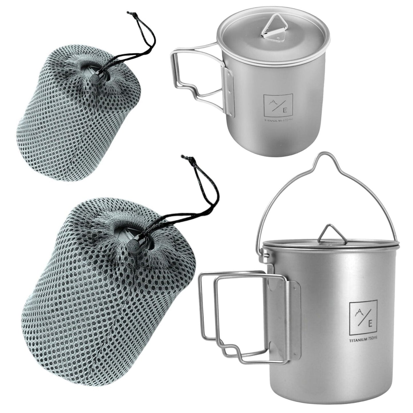(2PC Set) Titanium 450mL and 750ml Ultralight Compact Titanium Open Flame Compac