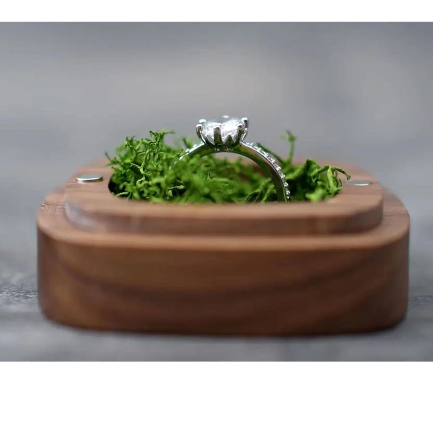 Handcrafted Walnut Wood Ring Box, Rounded Edge Square Design, Green Moss Ring Be