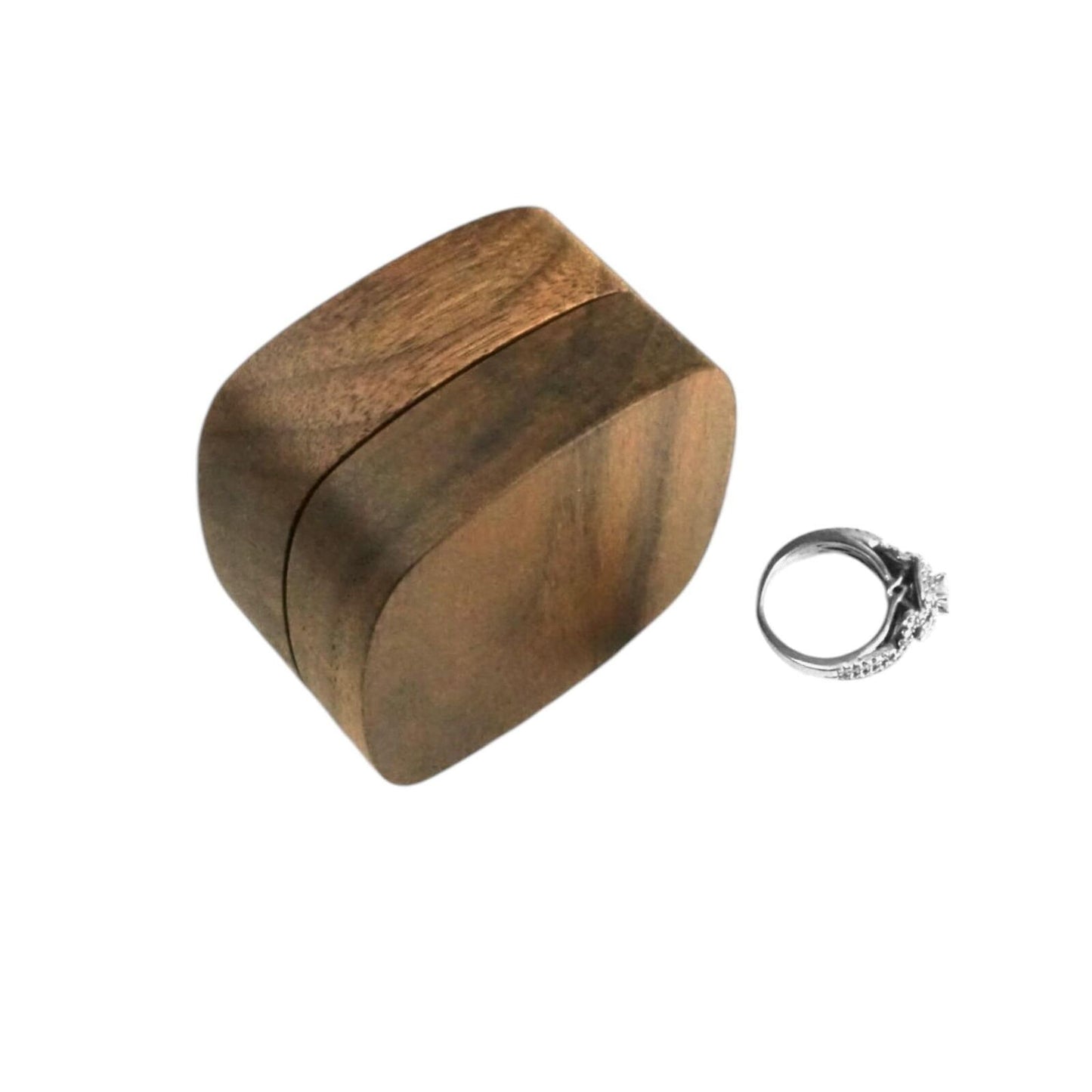 Handcrafted Walnut Wood Ring Box, Rounded Edge Square Design, Green Moss Ring Be