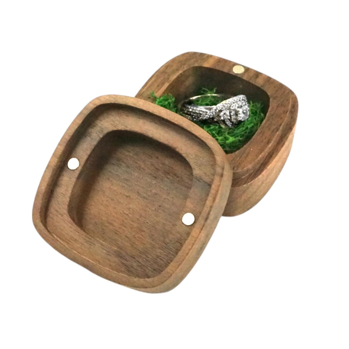 Handcrafted Walnut Wood Ring Box, Rounded Edge Square Design, Green Moss Ring Be