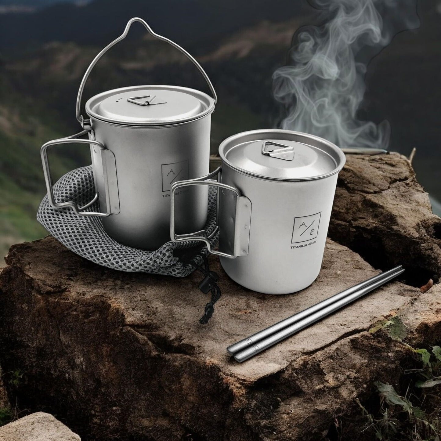 [3PC Set] Ultra-Light Kettle, Mug, and Cuttlery Cookware Set | 450ML Cup | 750ML