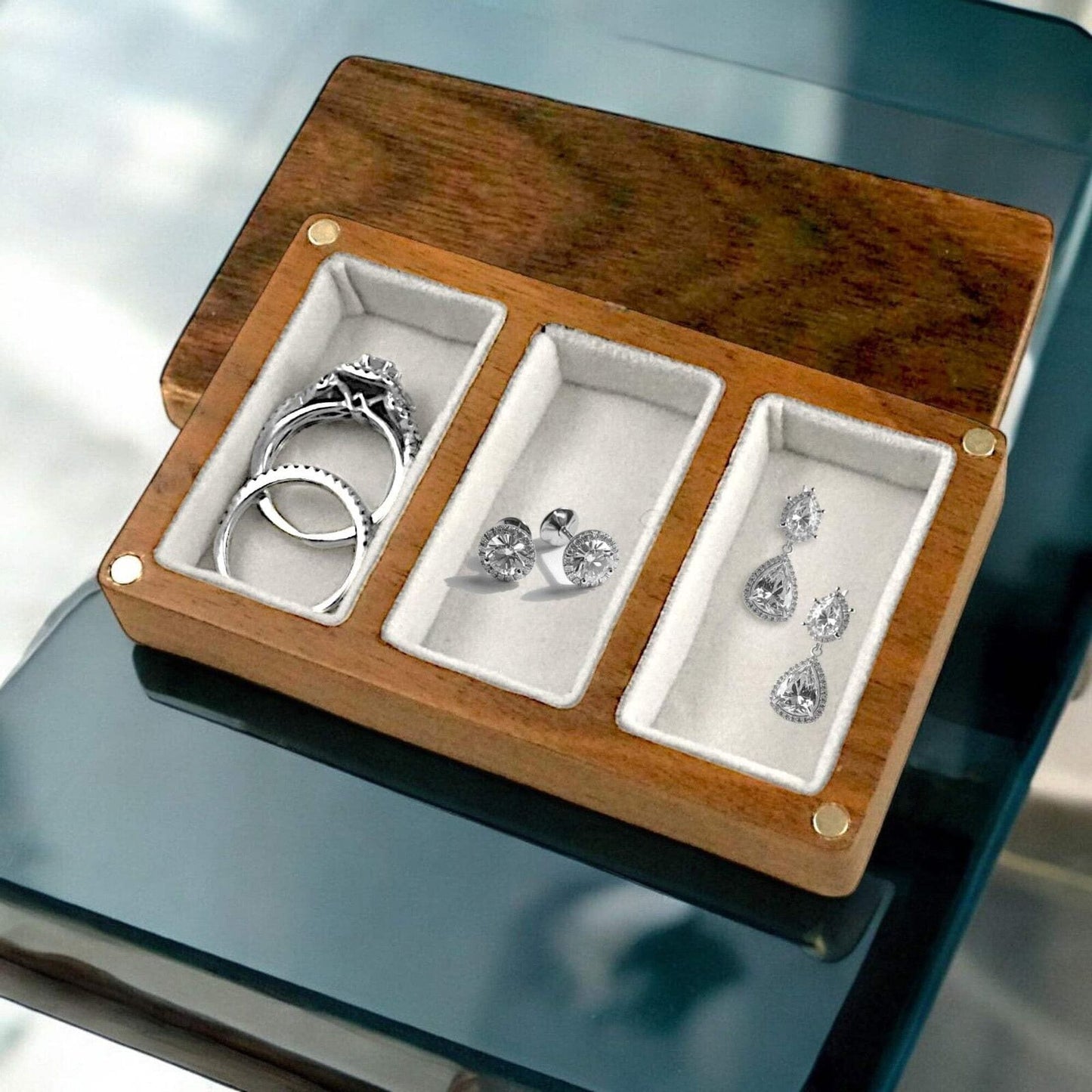 Handcrafted Walnut Wooden Ring Box, Hold 3 Rings - Bridal Set Wedding Band, Hing