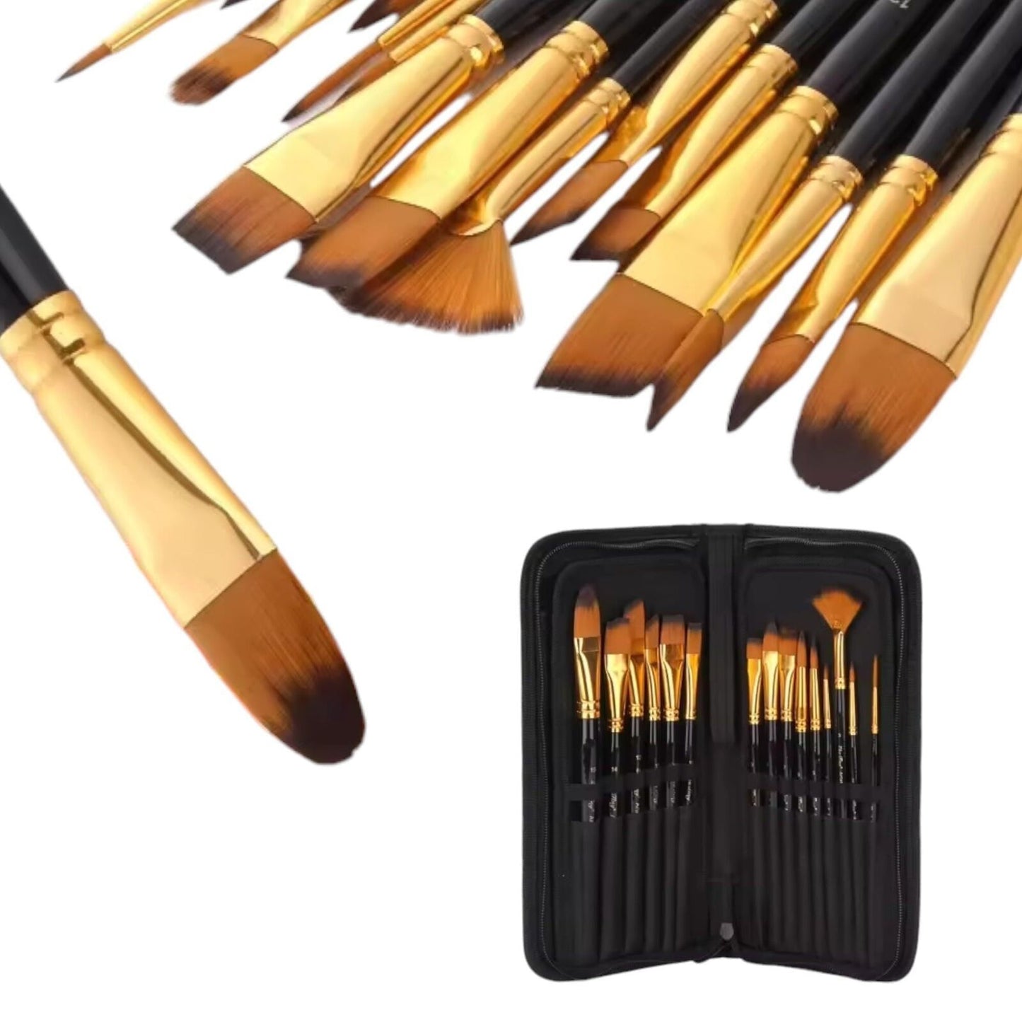 [2-Pack] 18 Piece Nylon Wool Artist Paint Brush Set with Carry Case for Acrylic,