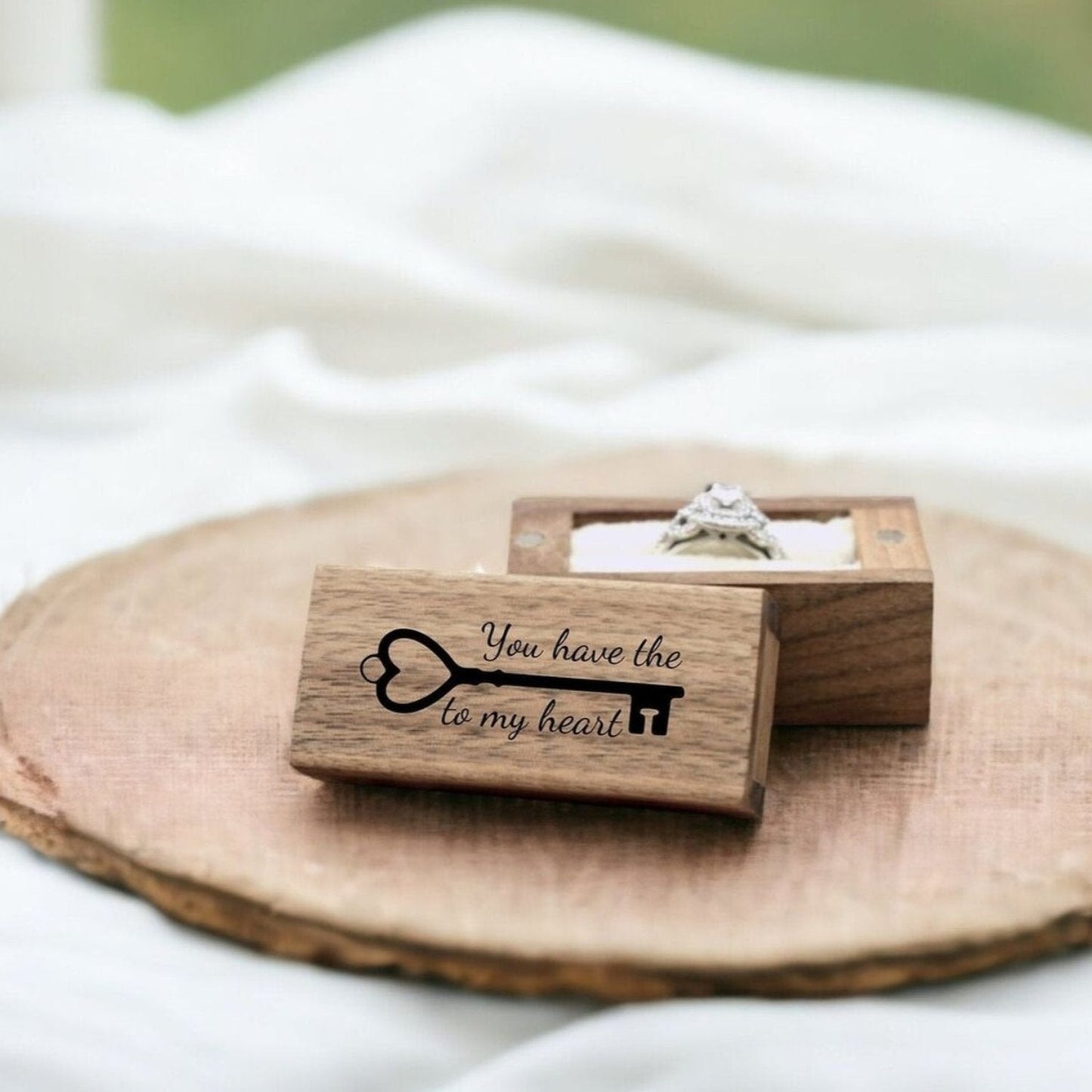 You Have The Key To My Heart Engraved Magnetic Wooden Proposal Ring Box, Walnut 