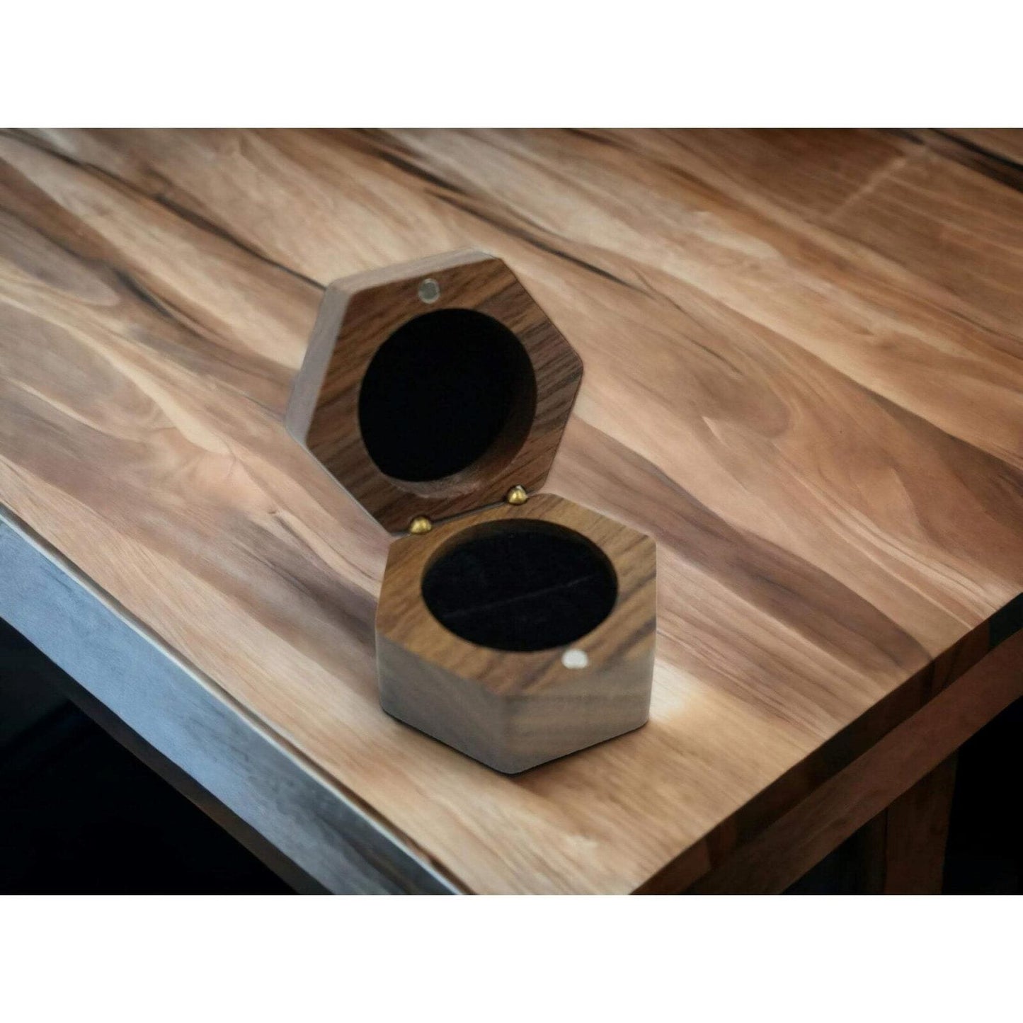 Handcrafted Walnut Wood Ring Box, Hexagon, Black Velvet Lining, Magnetic Latch