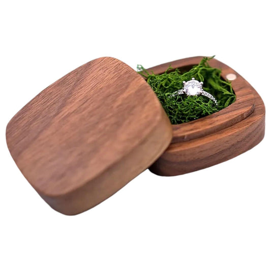 Handcrafted Walnut Wood Ring Box, Rounded Edge Square Design, Green Moss Ring Be