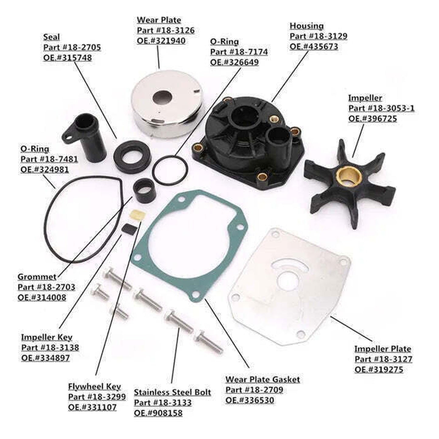 Water Pump Impeller Kit 432955 Fits Johnson Evinrude 60-75HP Outboards 1986-2001, Complete Repair Kit for Optimal Engine Performance Water Pump Impeller Kit