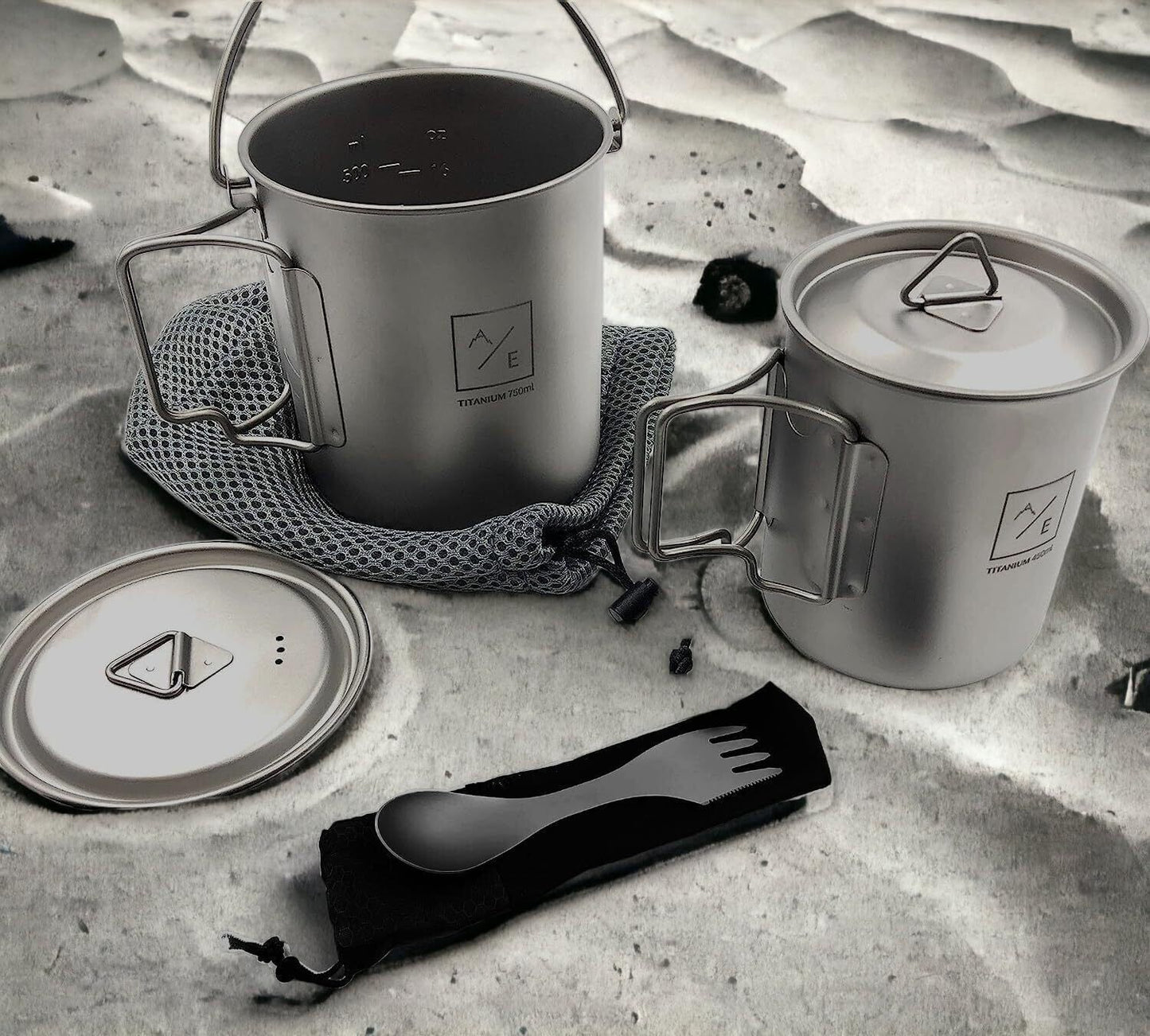 [3PC Set] Ultra-Light Kettle, Mug, and Cuttlery Cookware Set | 450ML Mug + 750ML