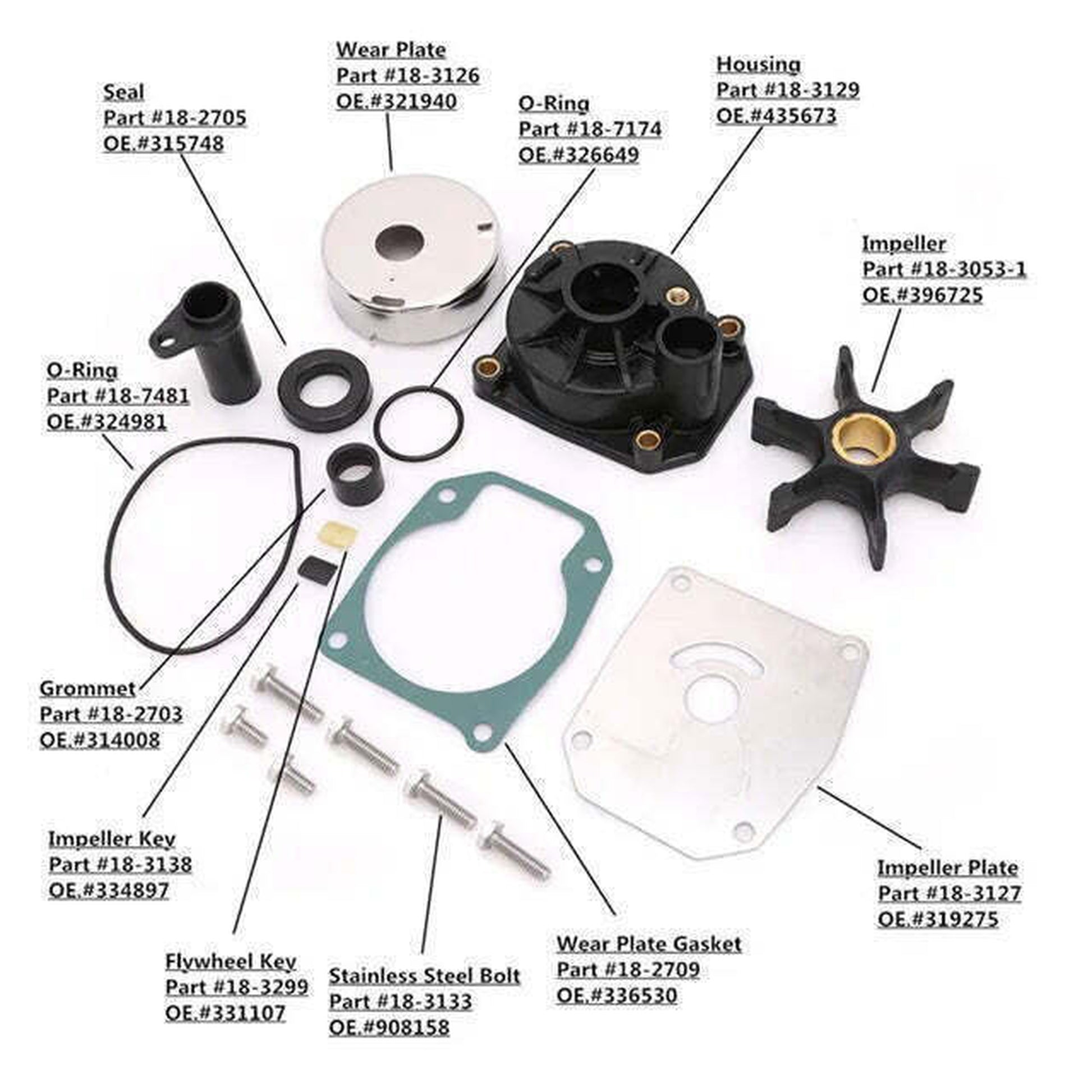 Water Pump Impeller Repair Kit for Johnson Evinrude Outboards 65-75 HP 1986-2001 Compatible with OEM 432955 Sierra 18-3389 Water Pump Impeller Repair Kit