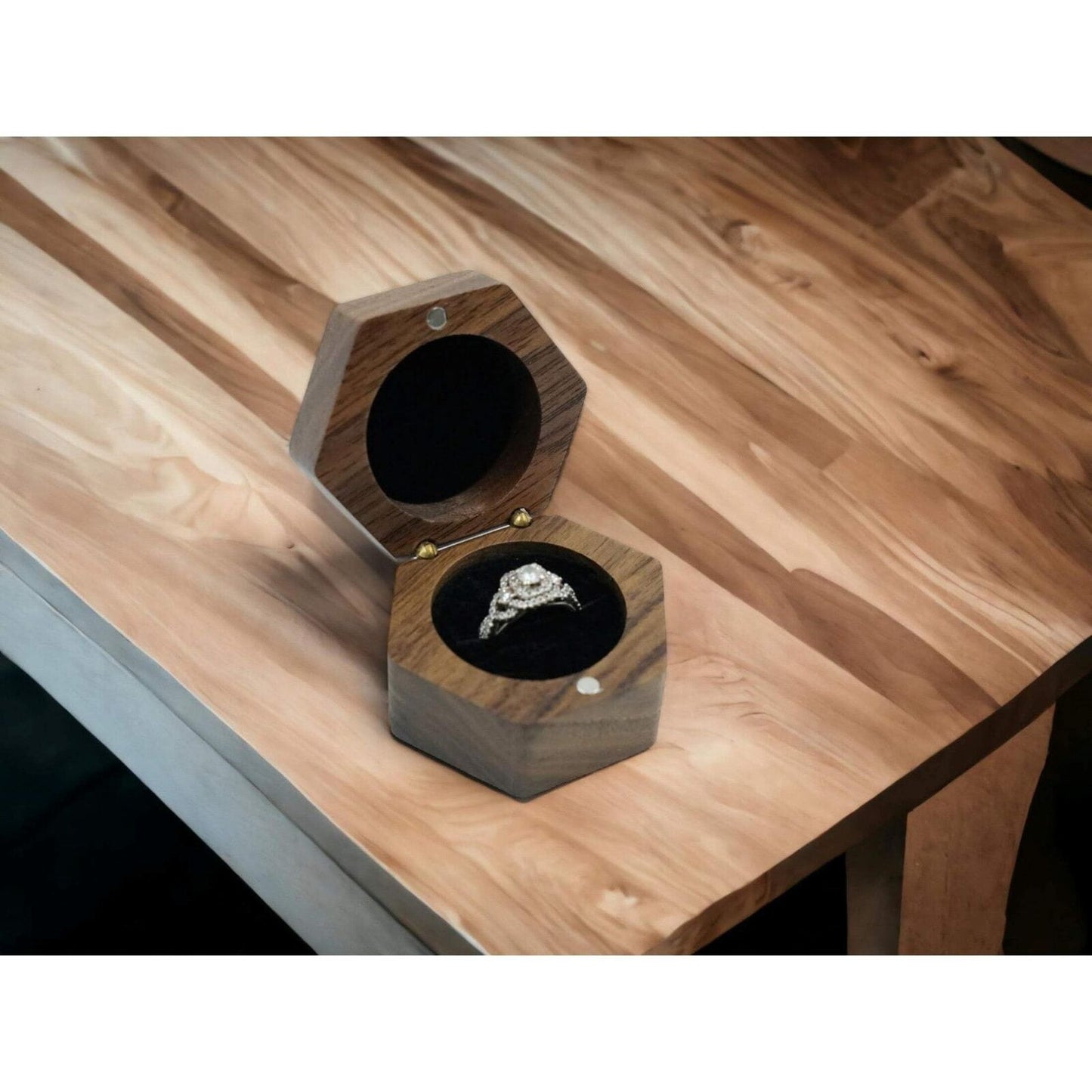 Handcrafted Walnut Wood Ring Box, Hexagon, Black Velvet Lining, Magnetic Latch
