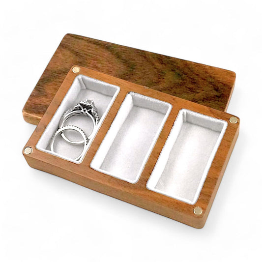 Handcrafted Walnut Wooden Ring Box, Hold 3 Rings - Bridal Set Wedding Band, Hing