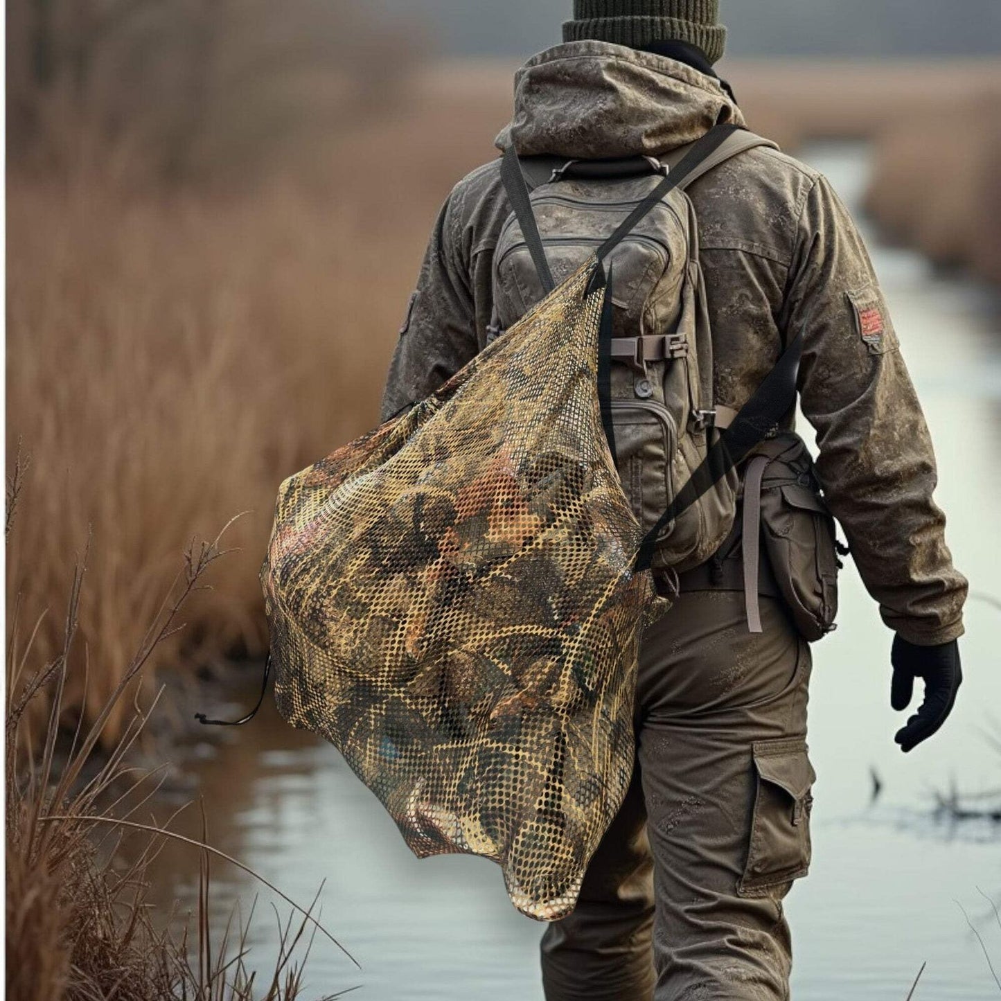 2-Pack Hunting CAMO (Marsh) Mesh Decoy Bag, 33" x 30.5", Adjustable Shoulder Str