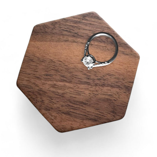 Handcrafted Walnut Wood Ring Box, Hexagon, Black Velvet Lining, Magnetic Latch