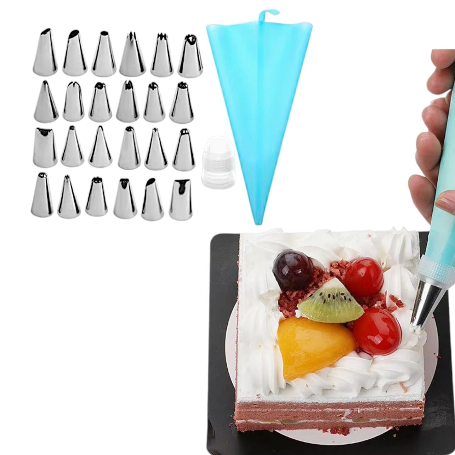 [2-PACK] 24pc Tip Stainless Steel Piping Nozzle Set with Silicone Pastry Bag, De