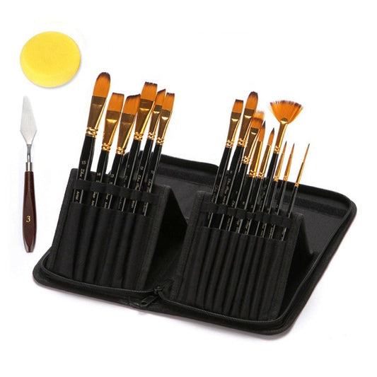 18 Piece Nylon Wool Artist Paint Brush Set with Carry Case for Acrylic, Watercolor, Oil, Gouache