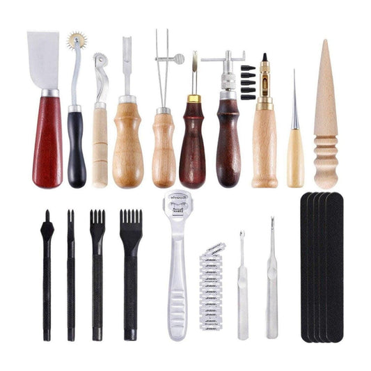 19-Piece Leather Crafting Tool Kit, Precision Scriber, Edgers, Trenchers, Cutting Blade, Belt Puncher | Leatherworking Gift Set
