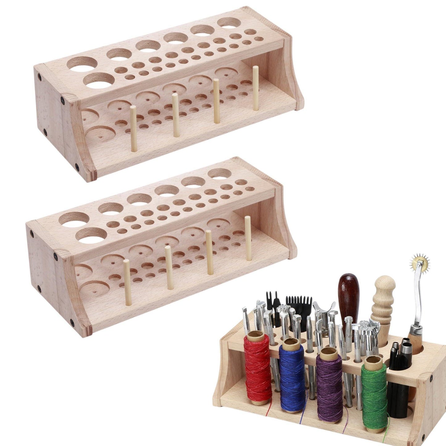 2-Pack [27 Slot] Wooden Tool Organizer Storage Station for Leather & Sewing Craf