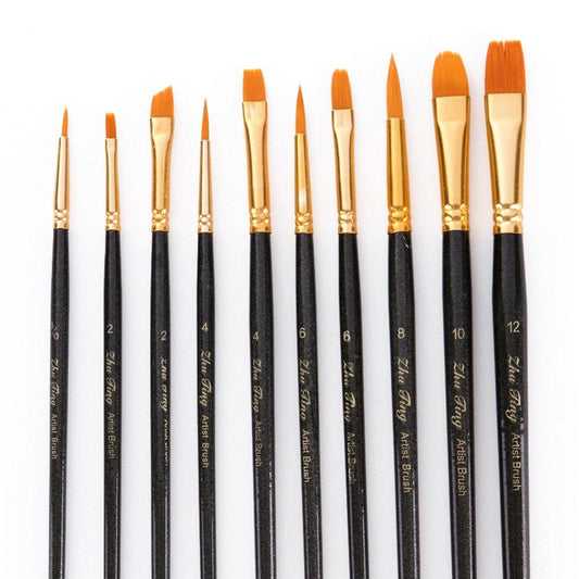 10 piece Wooden Black Handle Paint Brush Set | For Paint Type: Acrylic - Waterco