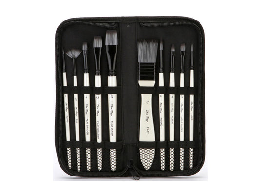10 piece Nylon Wool Artist Paint Brush Set with Carry Case | For Paint Type: Acrylic - Watercolor - Oil - Gouache | Paintbrush Set