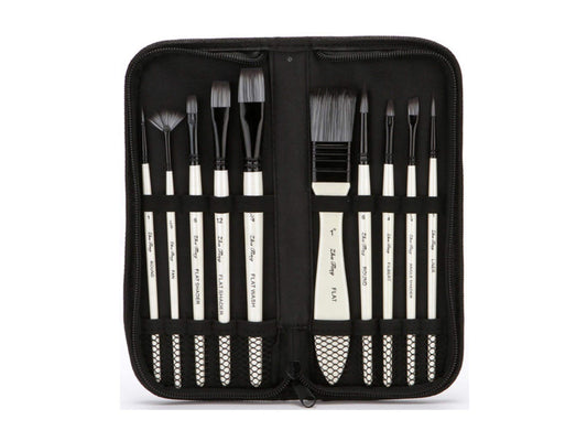 10 piece Nylon Wool Artist Paint Brush Set with Carry Case | For Paint Type: